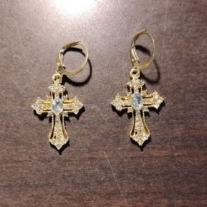 Elegant Gold Cross Earrings with Crystal Accents